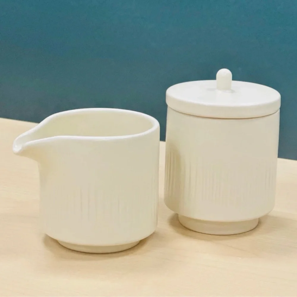 Magenta Citrine Ribbed Ceramic Creamer & Sugar Jar Set